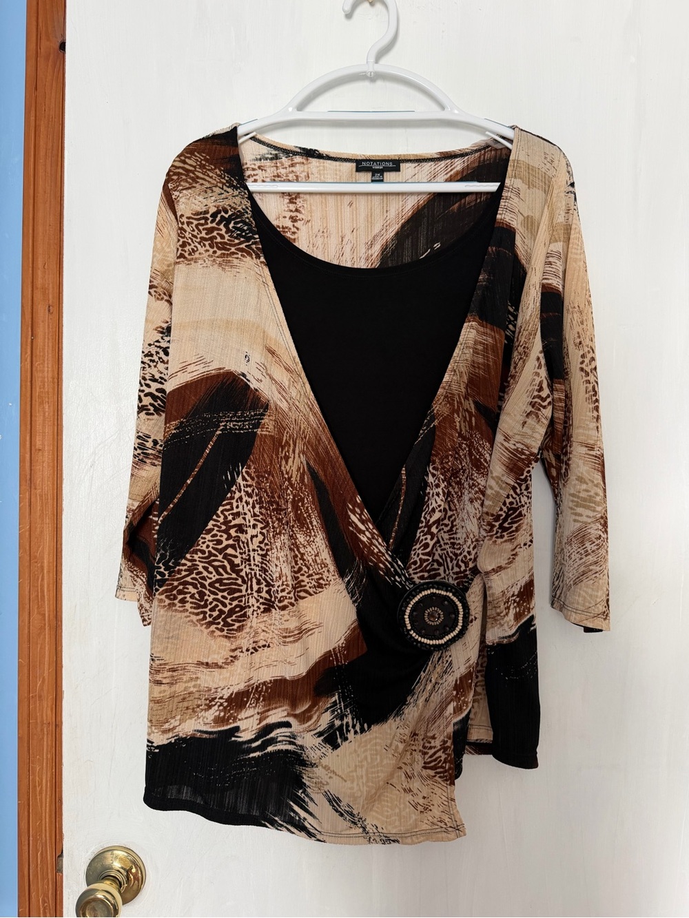NOTATIONS Women's Brown Abstract Print Faux Wrap Blouse Top, Size 2X